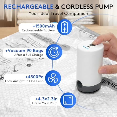 24 Packs Vacuum Bags for Travel with Rechargeable Pump, 3 Sizes Heavy Duty Vacuum Seal Bags for Clothing, Compression Vacuum Travel Bags for Luggage, Vacuum Packing Bags for Closet Organization - Image 3