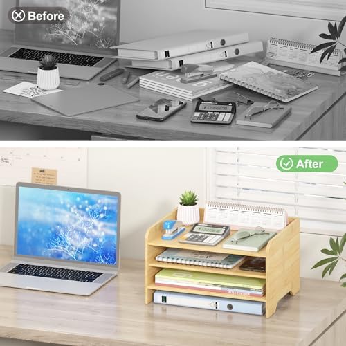 Bamboo File Organizer for Desk, Paper Tray with Pen Holder - Image 4