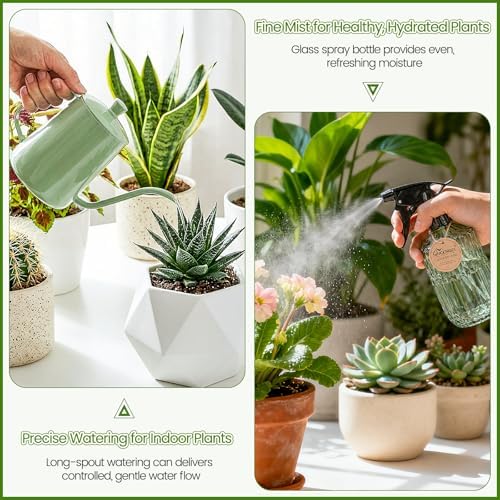 Watering Can for Indoor Plants, 20 oz Metal Small Plant Watering Can with Long Spout for House Plants, 13.5 oz Glass Plant Mister Spray Bottle for Bonsai Garden Flowers Decorative (Green) - Image 3