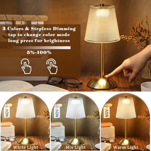 Liliful 2 Pcs Cordless Table Lamp LED Touch, Gold, Retro Style - Image 4