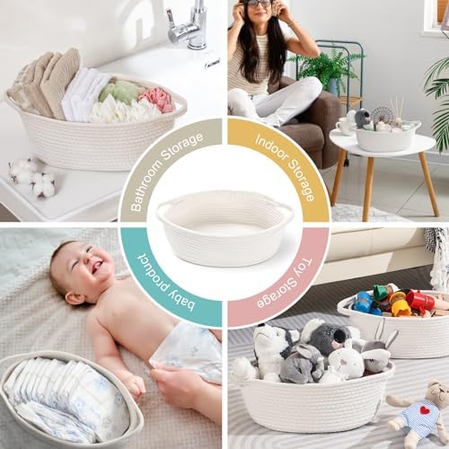 2 Pack Small Woven Basket with Gift Bags and Ribbons, Empty Decorative Gift Chest Box, Cute Baby Gift Basket for Nursery, Cotton Rope Room Shelf Storage Basket with Handles, All 12"x 8"x 5",White - Image 5