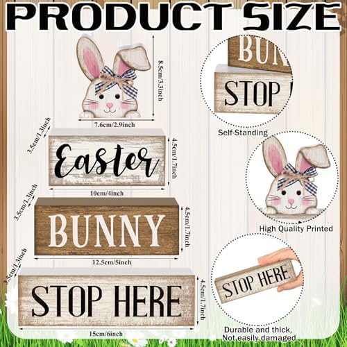 Moucuny 4 Pcs Easter Bunny Wood Signs Farmhouse Tiered Tray Table Decor - Image 4