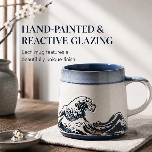 BICETTO Japanese Coffee Mug, Ukiyo-e Great Wave, Handmade 15oz Ceramic Cup - Image 2