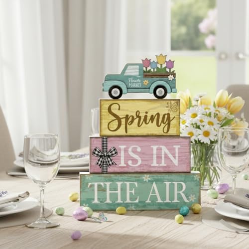 Moucuny 4 Pcs Spring Wooden Block Signs Farmhouse Table Centerpiece - Image 2