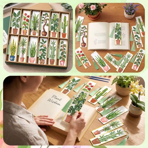 Kosiz 12 Pcs Plants Paint by Number Kit for Adult Green Wood Bookmark - Image 5