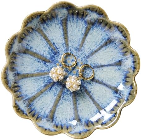Lotus Ring Holder Dish Small Indoor Ash Tray, Ceramic Dessert Plate Trinket Jewelry Holder Organizing Necklace Earrings for Parents Friends Sister, All Jewelries Are NOT Included, Retro Blue. by JAMEND+CLXP
