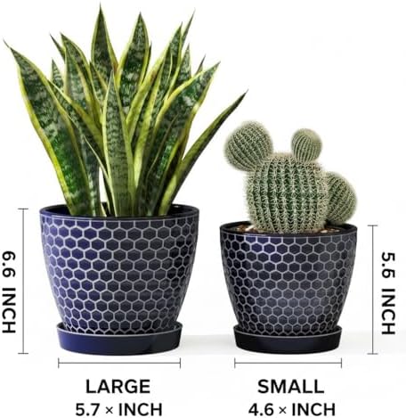 Docrin Blue Honeycomb Ceramic Plant Pot Set - 6.6"+5.5" Inch, Modern Decorative Planters with Drainage Holes & Saucers for Indoor/Outdoor Home Office - Image 2