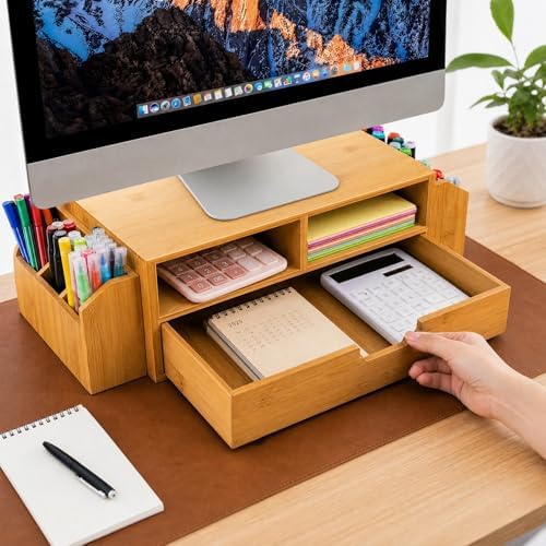 Hiceeden 2 Tier Bamboo Desktop Organizer, Desk Monitor Stand Riser with 1 Drawer and 2 Pen Holder, 2 Compartment Computer Desk Storage Organizer for Laptop, Printer - Image 6