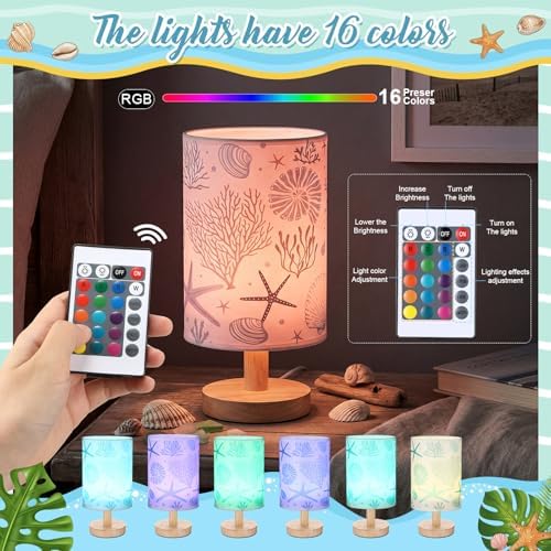 VIHOSE Table Lamp Beach Starfish Seashell Blue Night Light with Wood Base - Image 3