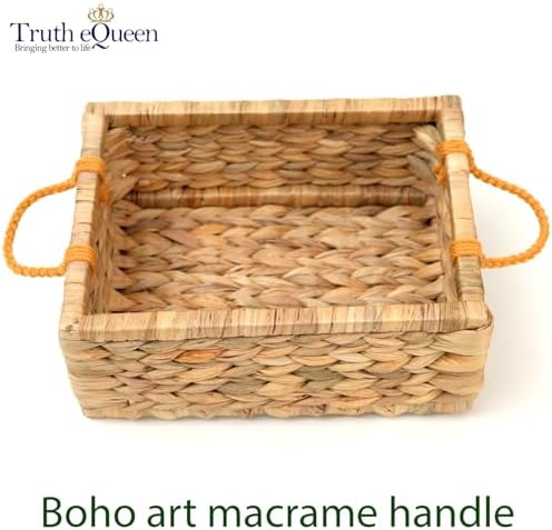 Small Woven Storage Basket with Macrame Handle, 12x9x5 Water Hyacinth Wicker Basket for Blankets, Rectangular Seagrass Basket for Shelf, Bathroom, Nursery, Handwoven Natural Organizer - Image 3