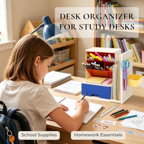 Desk Organizer with Drawer, Pen Holder with Slanted Pen Grooves Color - Image 2