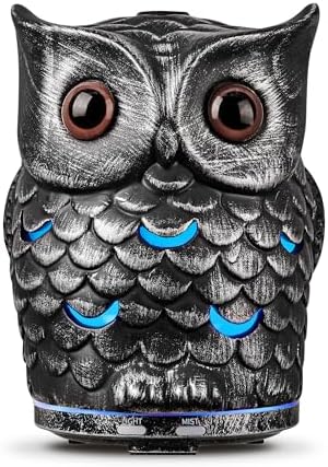 ALIEYE Owl Essential Oil Diffuser, 200ML Handmade Ceramic Aromatherapy Humidifier, Ultrasonic Cool Mist, 7-Color LED Night Light, Auto Shut-Off, Antique Silver by ALIEYE
