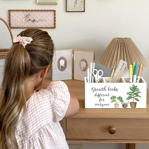 Mental Health Inspirational Pen Holder, Motivational Pencil Holder, Growth Looks Different for Everyone Wooden Box Sign Decorations for Therapy Counselor Office Classroom Desk Tabletop - Image 4