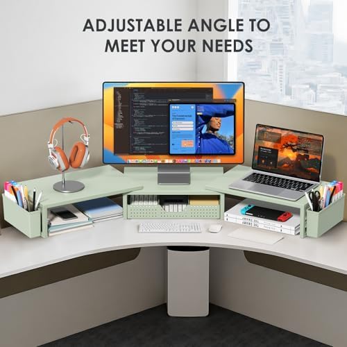 OPNICE Desk Organizers and Accessories, Dual Monitor Stand Riser with Drawer and 2 Pen Holders, Desk Shelf Printer Stand for Office Workspace Organizers, Desktop Organization (Sage Green) - Image 5