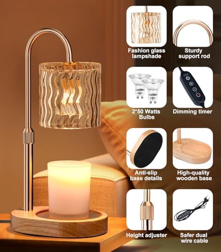Candle Warmer Lamp Electric: Dimmable Timer Candles Warming Lamps - Height Adjustable Burner Jar - No Flame Scented Melts Wax - All Candle Jars Table Light Home Decor - Image 2
