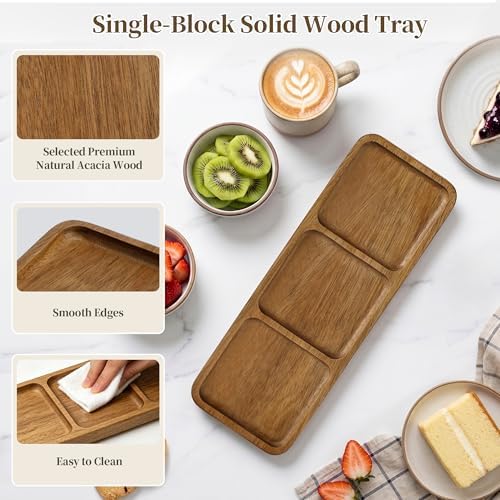Small Wooden Tray | Acacia Wood Tray for Vanity, Bathroom Counter, Coffee Table & Toilet | Perfect for Jewelry, Key & Catch All | Mini Charcuterie Board Serving Platter (Rectangular 3-Compartment) - Image 3