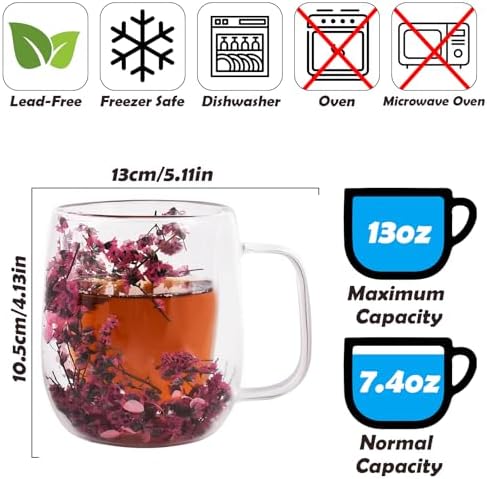 Real Flower Glass Tea Cup, 13 oz Double Wall Glass Coffee Mug with Preserved Flowers, Borosilicate Floral Cup, Gift for Women - Image 2