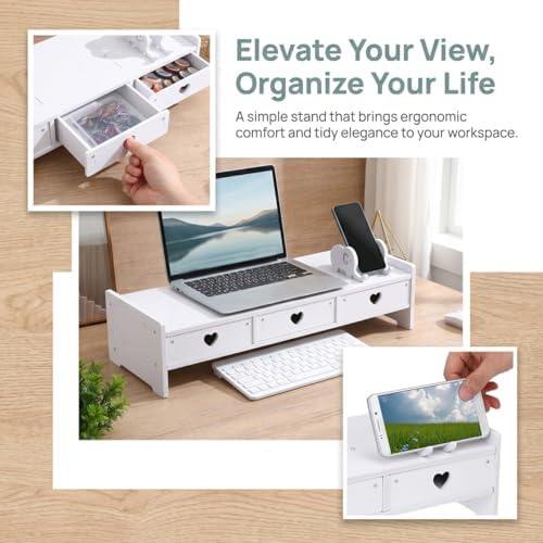 Tofficu Computer Monitor Riser with Drawer White Desk Shelf for Monitor and Keyboard Storage Rack Office Desk Organizer for Laptop Stand Riser for Home Office - Image 5