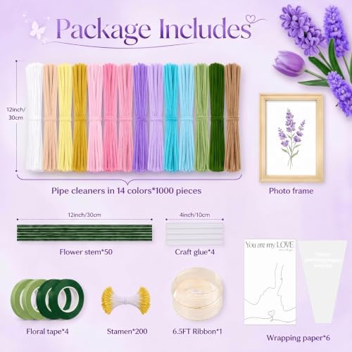 COSILY Pipe Cleaners Flower Kit with Photo Frame, 1000 Pcs 14-Color Chenille Stems Craft Set with Guide Book, DIY Arts and Crafts Bouquet Supplies, Handmade Birthday Gift for Girls Kids Adults - Image 2