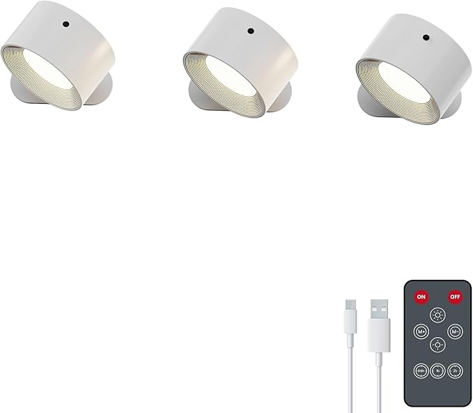 Romote LED Wall Sconce - Rechargeable Wall Light, 3 Colors & 3 Brightness Levels, 360° Magnetic Rotating Head, Bedside Reading Lamp, Easy Install Battery Operated Lamp White Pack of 3