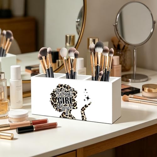 Black Girl Magic Leopard Print Makeup Brush Toothbrush Holder for African American Women, Black Women Empowerment Cheetah Print Wood Signs Pen Pencil Holder Organizer Desk Accessories - Image 3