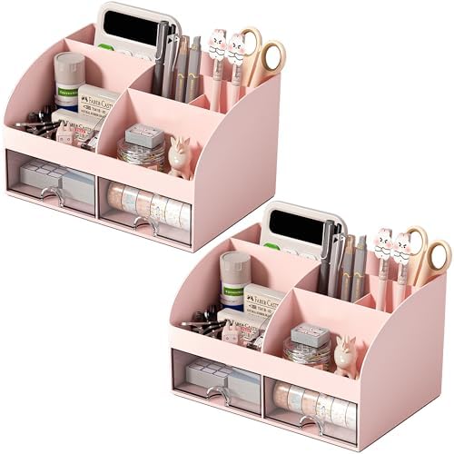 COMFYROOM Desk Organizer with 6 Compartments and 2 Drawers, Plastic Makeup Organizer, Pen Holder for Desktop Storage, Desk Organization for School, Home, Office Supplies Pink-2Pack by COMFYROOM