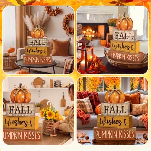 Moucuny 4 Pcs Fall Pumpkin Decor Fall Decorations for Home Wooden Pumpkin Decor Thanksgiving Table Centerpiece Rustic Autumn Stacked Block Signs Farmhouse for Harvest Party Home Kitchen - Image 6