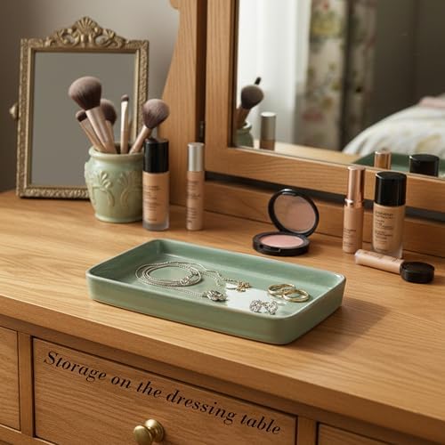 10"×6"×1" Bathroom Vanity Tray for Countertop- Ceramic Decorative Organizer Tray for Dresser Tops, Toilet, Perfume, Sponge Holder Soap Dish Dispenser for Kitchen Counter- Kiln-Transformed Green - Image 5
