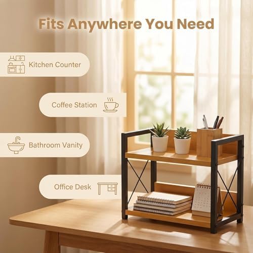 2-Tier Countertop Organizer, Iron-Wood Coffee Station Shelf, Heavy Duty Kitchen Counter Spice Rack for Coffee Bar, Pantry, Bathroom Storage (Bamboo) - Image 7