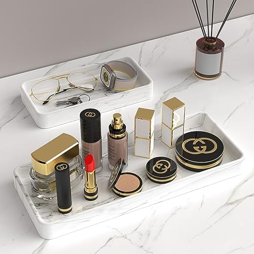 Gurygo 12" Ceramic Bathroom Vanity Tray for Kitchen Counter - Kitchen Soap Trays - Rectangular Vanity Tray for Bathroom - Porcelain Large Serving Trays (Marble, Set/1) - Image 3