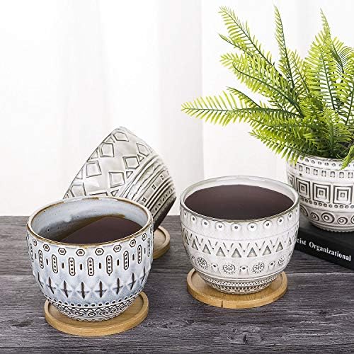 VanEnjoy 5.5 inch Large Round Bohemian Style Ceramic Planter, Geometry Engrave Off White Brown Succulent Planter Flower Pot, Indoor Outdoor Decorative Planter - Image 6