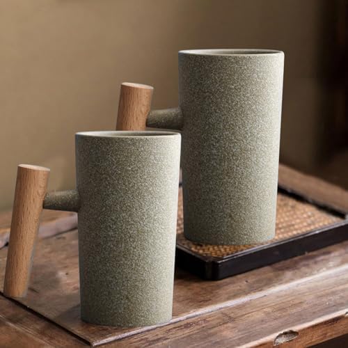 Coffee Mug 7.4 Oz Vintage Mugs with Wooden Handle Exquisite Stoneware Coffee Mugs Dishwasher and Microwave Safe Ceramic Tea Cup for Home Office Rough Stone Style - Image 5