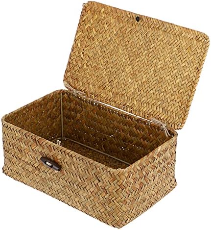 Hipiwe Small Woven Shelf Baskets Bin with Lid Seagrass Wicker Storage Box by Hipiwe