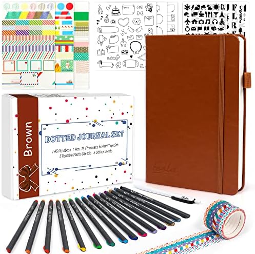 feela Dotted Journal Kit, Dot Grid Journal Hardcover Planner Notebook Set For Beginners Women Girls Note Taking with Journaling Supplies Stencils Stickers Pens Accessories, A5, 224 Pages, Brown by feela