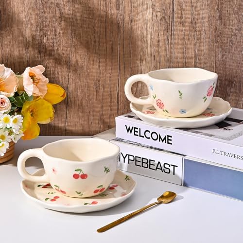 Koythin 8.5oz Handmade Ceramic Mug With Saucer, Dot Blue Flower Latte Cup - Image 4