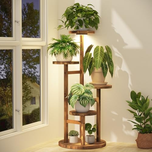 iDavosic.ly 4 Tier Wood Plant Stand Indoor Corner with Grow Light, Brown by iDavosicly