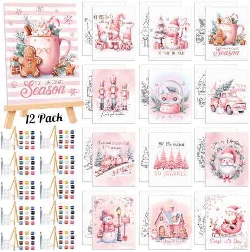Zhanmai 72 Pcs 12 Sets Sip and Paint Kit Pre Drawn Canvas for Painting 8" x 10" Paint Party Canvas Painting Pre Printed Canvases for Party Favor DIY Adult's Date Night(Pink Pretty) by Zhanmai