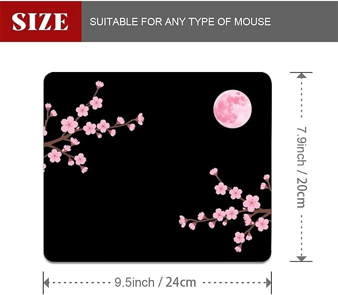 Square Mouse Pad Pink Cherry Blossoms Moon, Personalized Premium-Textured Custom Mouse Mat Design, Washable Mousepad Cloth, Non-Slip Rubber Base Computer Mouse Pads for Wireless Mouse