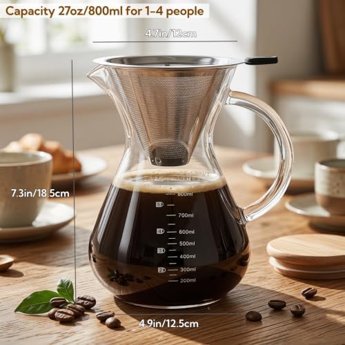 Pour Over Coffee Maker Set with Reusable Stainless Filter 27 fl oz, Heat-Resistant Borosilicate Glass Paperless Pour Over Coffee Dripper with coaster for Home Daily coffee - Image 2
