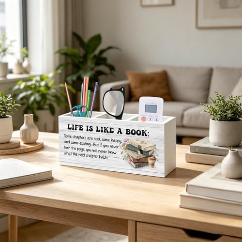 Inspirational Book Lover Gifts Pen Pencil Holder Organizer for Home Office Classroom Desk Accessories, Reader Gifts, Bookish Wood Signs for Reading Nook Corner Room Desk Tabletop Decor - Image 5
