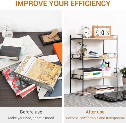 YGYQZ Desk Shelf Organizer for Top of Desk, 3-Tier Desktop Bookshelf, Black & Wood - Image 4