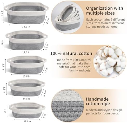 VOOWO Set of 5 Woven Baskets - Rope Storage Solutions, Nursery & Organizing, Off White & Gray - Image 2