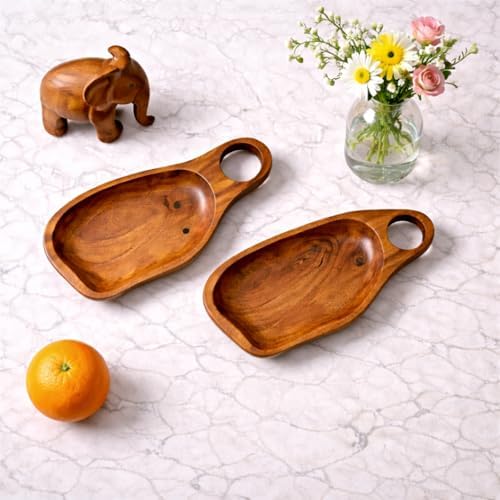 Solid Teak Wood Serving Tray - 12.2" Handcrafted Curved Platter with Handle for Entryway Key Catchall, Kitchen Coffee Station & Party - Image 4