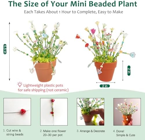msamiagfn Beaded Plant Kit with Green Beads for Beaded Plants, Leaf Beads & Flower Beads (2 Mini Potted Plants) - Image 4
