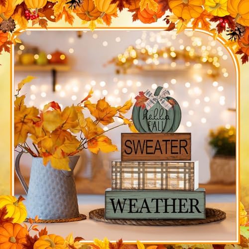 Moucuny 4 Pcs Fall Table Decor Neutral Sage Green Pumpkin Wooden Sign - Image 4