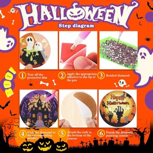 Leatrice 6 PCS Halloween Diamond Art Coasters Kits 4 in Trick or Treat - Image 3