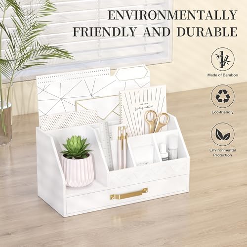 Bamboo Desk Organizer with Drawers, Mail Organizer Countertop Wood Desk Drawer Tabletop Storage Organization Pen Holder Letter Sorter Makeup Organizer for School Home Office (White) - Image 2