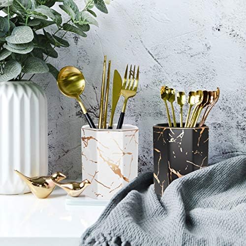 Gold Pencil Holder, Decorative Pens Holder for Desk, Makeup Brushes Organizer for Table, Cute Ceramic Desktop Accessories Pencils Crayons Cup Sturdy, Black (Upgrade Larger Capacity) - Image 3