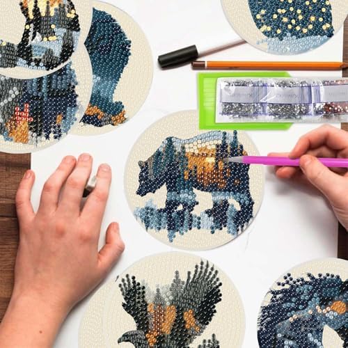 NEGEKFKX 8 Pcs Diamond Art Painting Coasters Kits,Animal Landscape Coaster with Holder for Adults, Non-Slip DIY Dot Paint Craft Kits,5D Full Drill DIY Diamond Dot Gem Art Kit Home Decor Arts Craft - Image 3