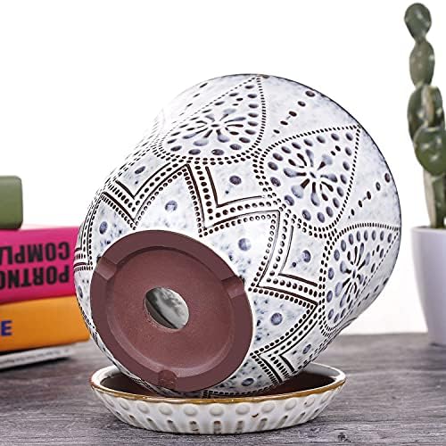 VanEnjoy 5.9 inch Round Bohemian Style Ceramic Planter, Geometry Engrave Off White Brown Succulent Planter Flower Pot, Indoor Outdoor Decorative Planter - Image 4